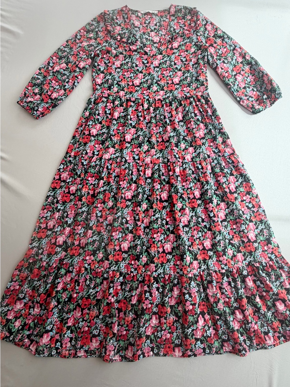 Zara Floral Maxi Dress Small Tiered Ruffle Long Sleeve Boho
